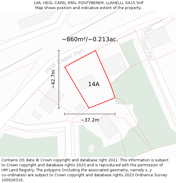 14A, HEOL CAPEL IFAN, PONTYBEREM, LLANELLI, SA15 5HF: Plot and title map