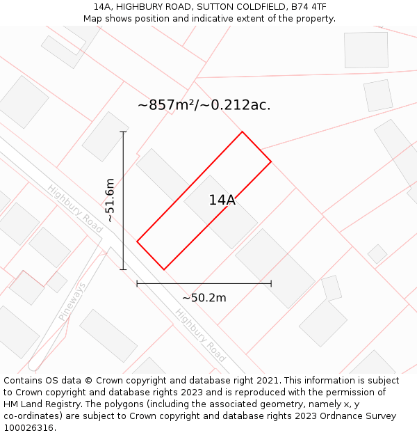 14A, HIGHBURY ROAD, SUTTON COLDFIELD, B74 4TF: Plot and title map