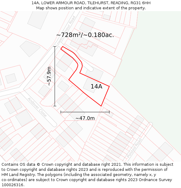 14A, LOWER ARMOUR ROAD, TILEHURST, READING, RG31 6HH: Plot and title map
