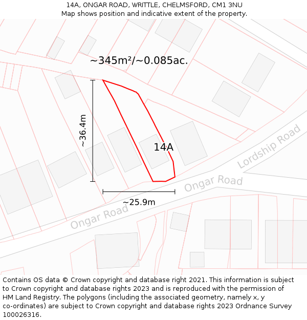 14A, ONGAR ROAD, WRITTLE, CHELMSFORD, CM1 3NU: Plot and title map