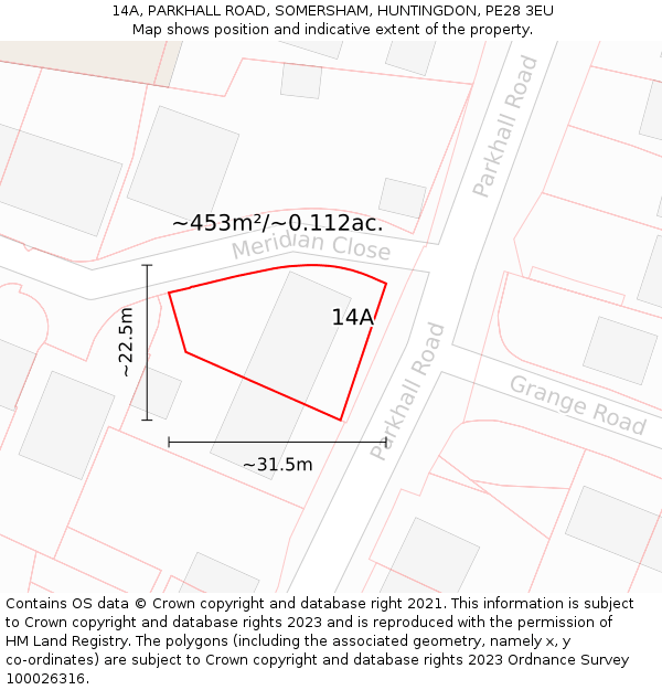 14A, PARKHALL ROAD, SOMERSHAM, HUNTINGDON, PE28 3EU: Plot and title map