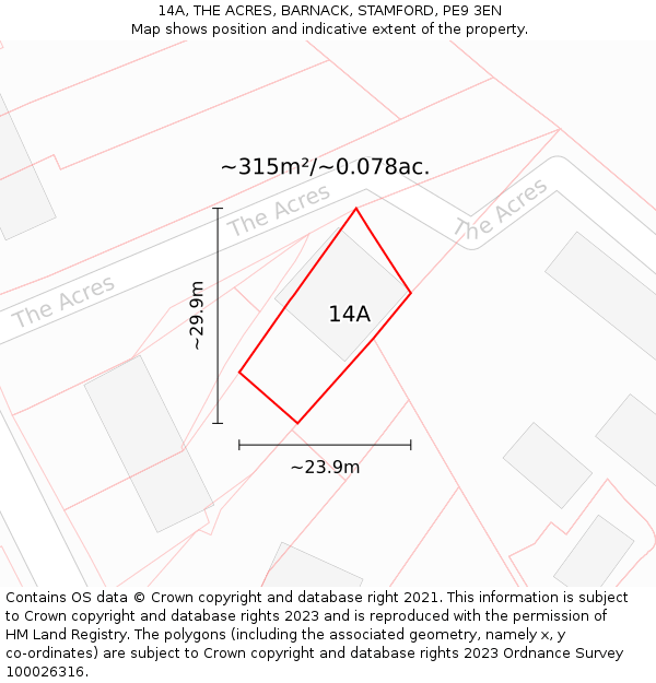 14A, THE ACRES, BARNACK, STAMFORD, PE9 3EN: Plot and title map