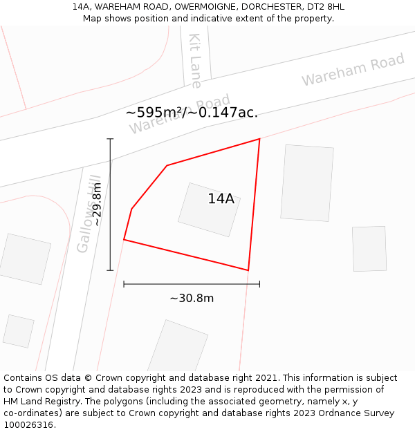 14A, WAREHAM ROAD, OWERMOIGNE, DORCHESTER, DT2 8HL: Plot and title map
