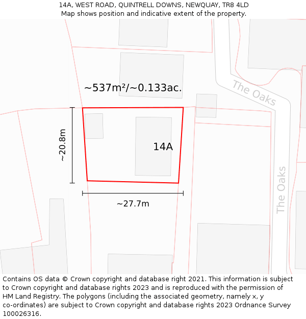 14A, WEST ROAD, QUINTRELL DOWNS, NEWQUAY, TR8 4LD: Plot and title map