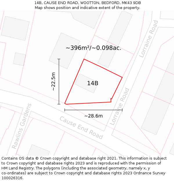 14B, CAUSE END ROAD, WOOTTON, BEDFORD, MK43 9DB: Plot and title map