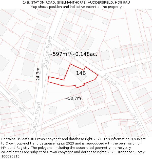 14B, STATION ROAD, SKELMANTHORPE, HUDDERSFIELD, HD8 9AU: Plot and title map