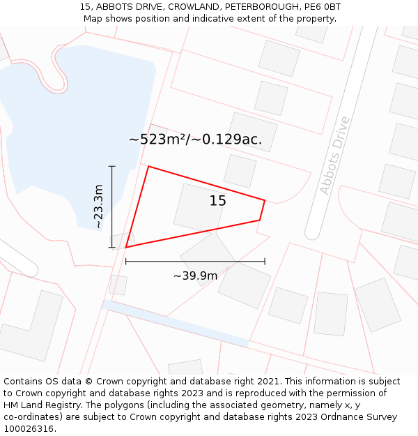15, ABBOTS DRIVE, CROWLAND, PETERBOROUGH, PE6 0BT: Plot and title map