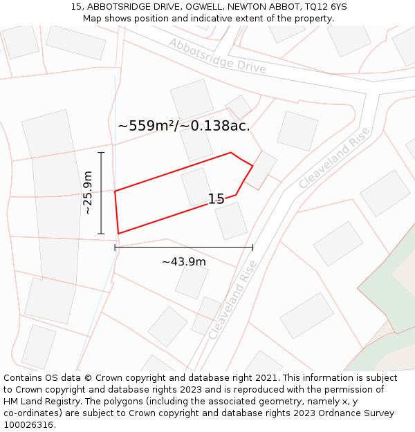 15, ABBOTSRIDGE DRIVE, OGWELL, NEWTON ABBOT, TQ12 6YS: Plot and title map