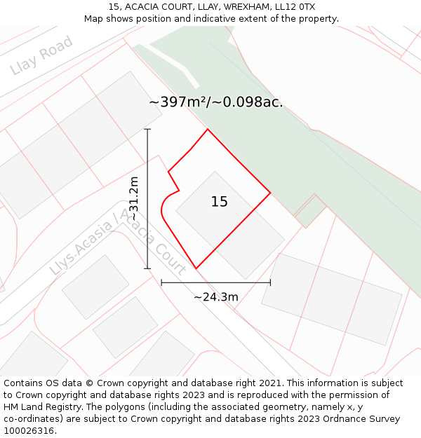 15, ACACIA COURT, LLAY, WREXHAM, LL12 0TX: Plot and title map