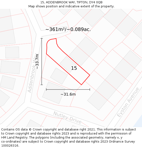 15, ADDENBROOK WAY, TIPTON, DY4 0QB: Plot and title map