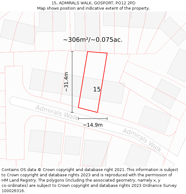 15, ADMIRALS WALK, GOSPORT, PO12 2PD: Plot and title map