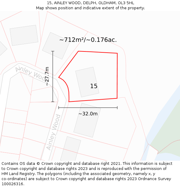 15, AINLEY WOOD, DELPH, OLDHAM, OL3 5HL: Plot and title map