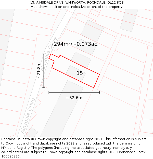 15, AINSDALE DRIVE, WHITWORTH, ROCHDALE, OL12 8QB: Plot and title map