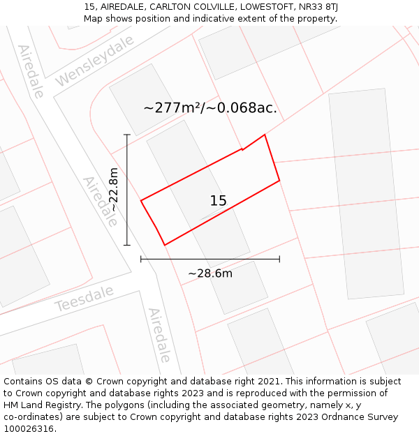 15, AIREDALE, CARLTON COLVILLE, LOWESTOFT, NR33 8TJ: Plot and title map