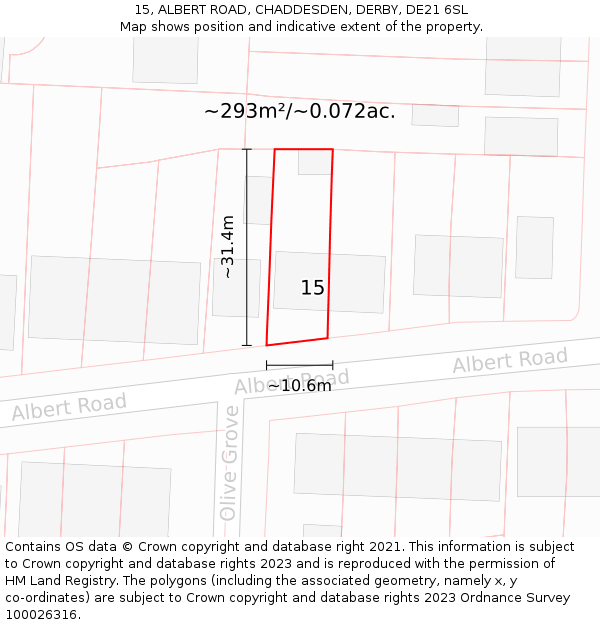 15, ALBERT ROAD, CHADDESDEN, DERBY, DE21 6SL: Plot and title map