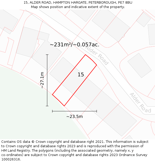 15, ALDER ROAD, HAMPTON HARGATE, PETERBOROUGH, PE7 8BU: Plot and title map