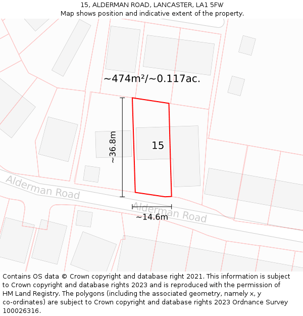 15, ALDERMAN ROAD, LANCASTER, LA1 5FW: Plot and title map