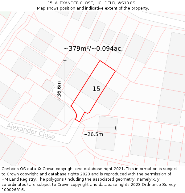 15, ALEXANDER CLOSE, LICHFIELD, WS13 8SH: Plot and title map