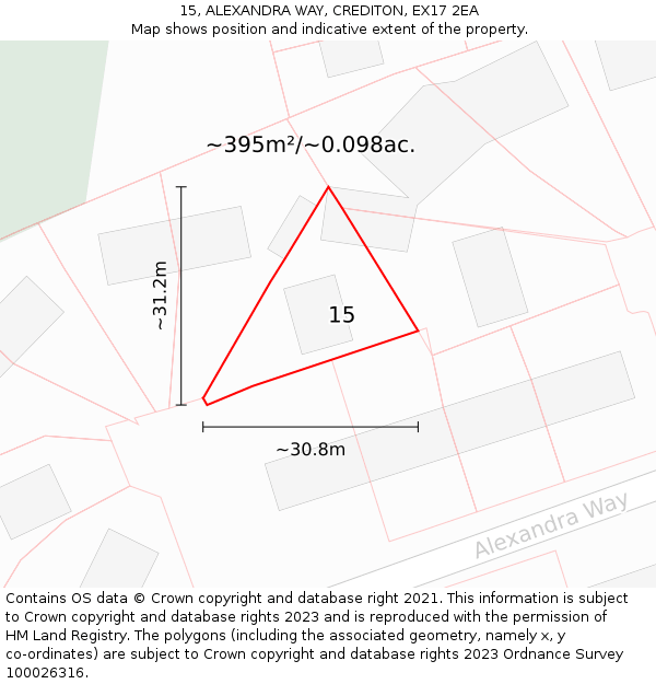 15, ALEXANDRA WAY, CREDITON, EX17 2EA: Plot and title map
