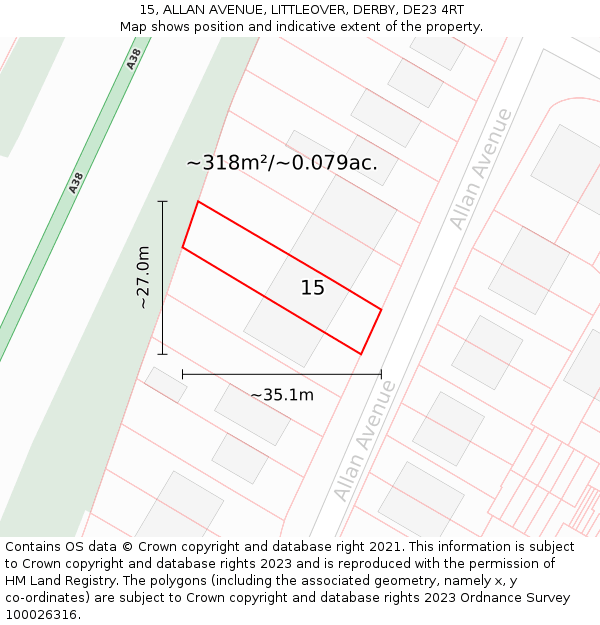 15, ALLAN AVENUE, LITTLEOVER, DERBY, DE23 4RT: Plot and title map