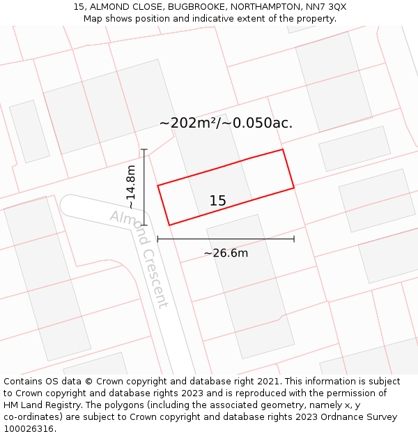 15, ALMOND CLOSE, BUGBROOKE, NORTHAMPTON, NN7 3QX: Plot and title map
