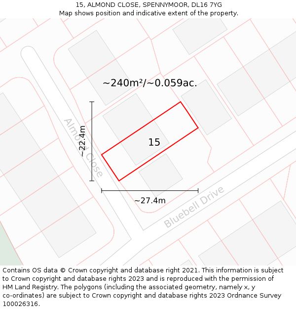15, ALMOND CLOSE, SPENNYMOOR, DL16 7YG: Plot and title map