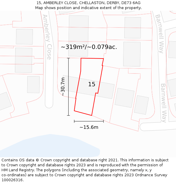 15, AMBERLEY CLOSE, CHELLASTON, DERBY, DE73 6AG: Plot and title map