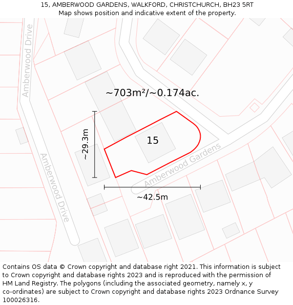 15, AMBERWOOD GARDENS, WALKFORD, CHRISTCHURCH, BH23 5RT: Plot and title map