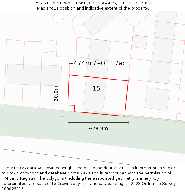 15, AMELIA STEWART LANE, CROSSGATES, LEEDS, LS15 8FS: Plot and title map