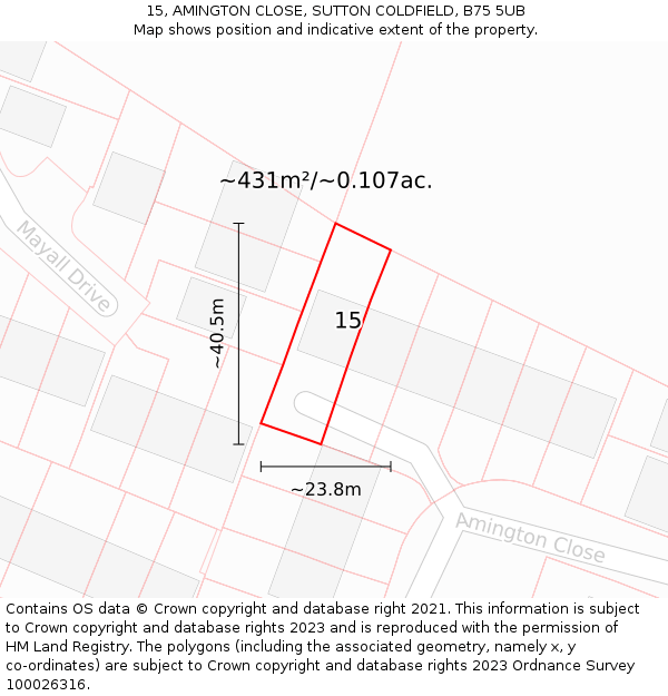 15, AMINGTON CLOSE, SUTTON COLDFIELD, B75 5UB: Plot and title map