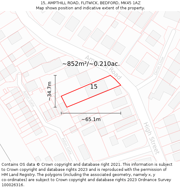 15, AMPTHILL ROAD, FLITWICK, BEDFORD, MK45 1AZ: Plot and title map