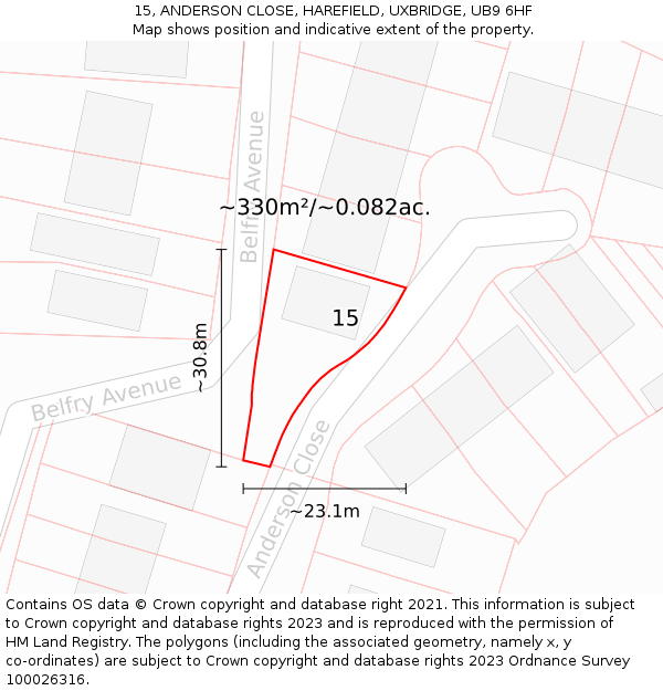 15, ANDERSON CLOSE, HAREFIELD, UXBRIDGE, UB9 6HF: Plot and title map