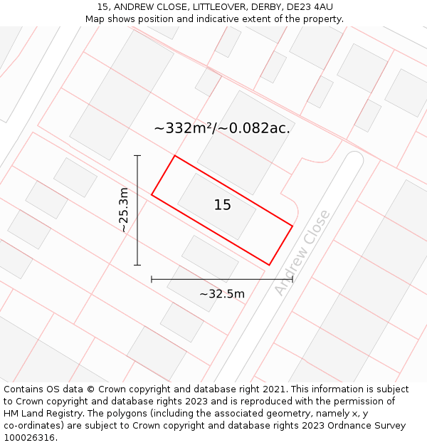 15, ANDREW CLOSE, LITTLEOVER, DERBY, DE23 4AU: Plot and title map