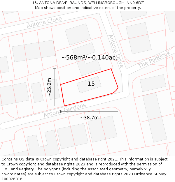 15, ANTONA DRIVE, RAUNDS, WELLINGBOROUGH, NN9 6DZ: Plot and title map