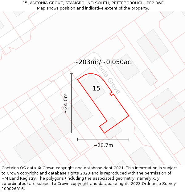 15, ANTONIA GROVE, STANGROUND SOUTH, PETERBOROUGH, PE2 8WE: Plot and title map