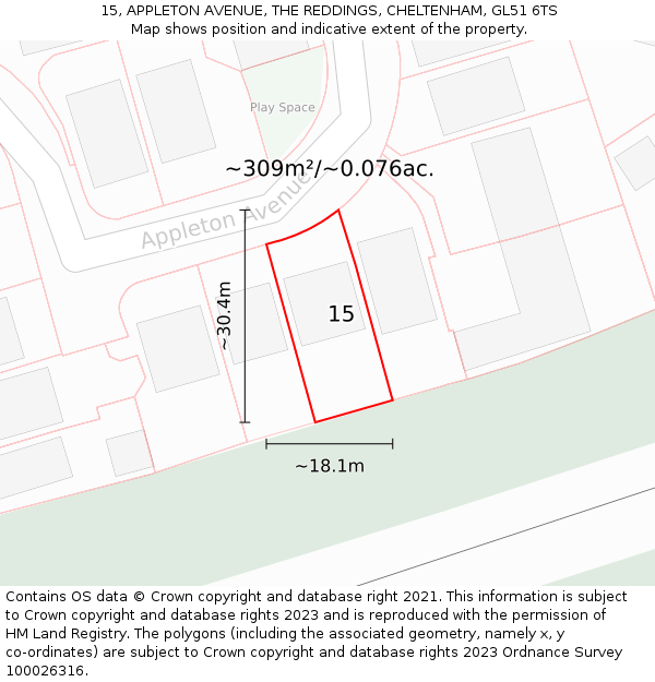 15, APPLETON AVENUE, THE REDDINGS, CHELTENHAM, GL51 6TS: Plot and title map