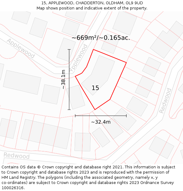 15, APPLEWOOD, CHADDERTON, OLDHAM, OL9 9UD: Plot and title map