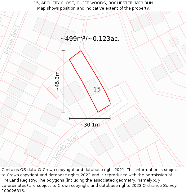 15, ARCHERY CLOSE, CLIFFE WOODS, ROCHESTER, ME3 8HN: Plot and title map