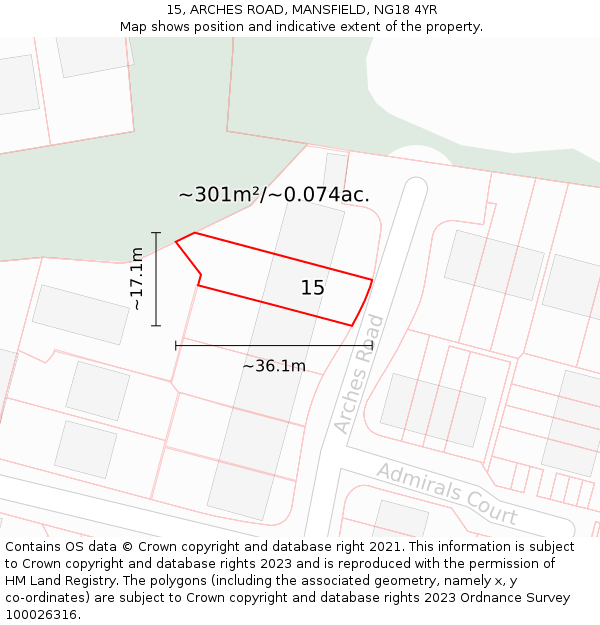 15, ARCHES ROAD, MANSFIELD, NG18 4YR: Plot and title map