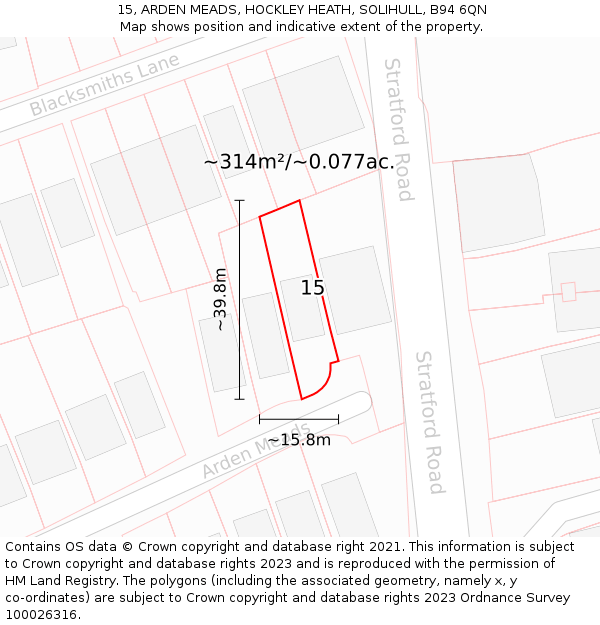 15, ARDEN MEADS, HOCKLEY HEATH, SOLIHULL, B94 6QN: Plot and title map