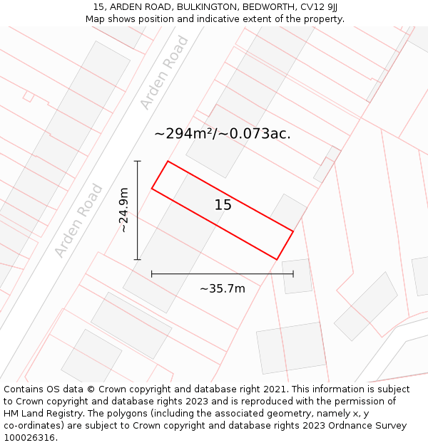 15, ARDEN ROAD, BULKINGTON, BEDWORTH, CV12 9JJ: Plot and title map