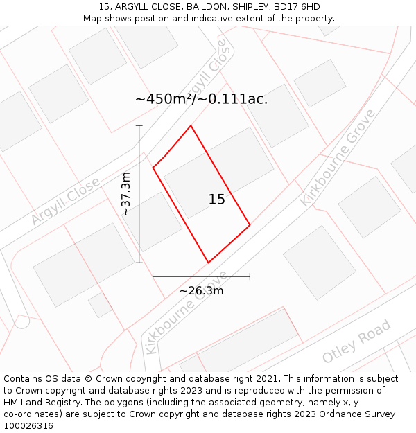 15, ARGYLL CLOSE, BAILDON, SHIPLEY, BD17 6HD: Plot and title map