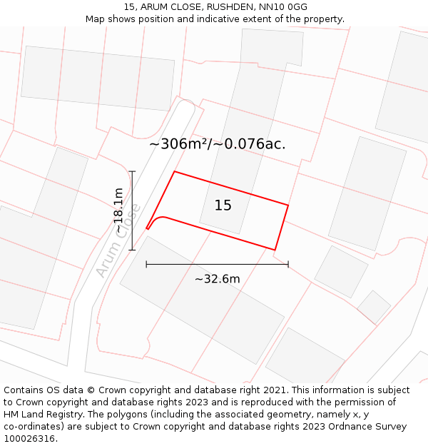 15, ARUM CLOSE, RUSHDEN, NN10 0GG: Plot and title map