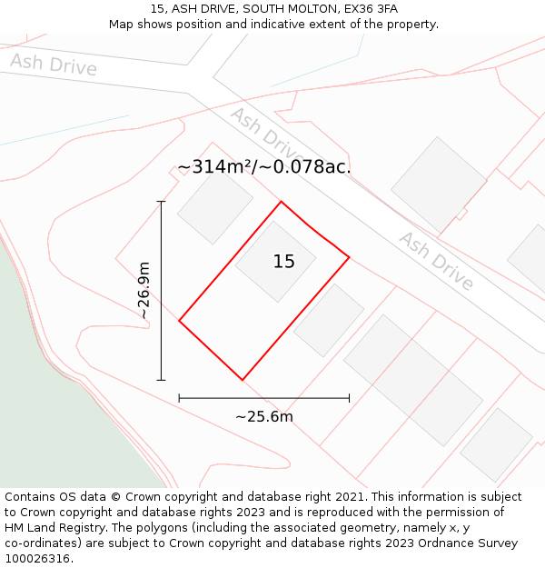 15, ASH DRIVE, SOUTH MOLTON, EX36 3FA: Plot and title map