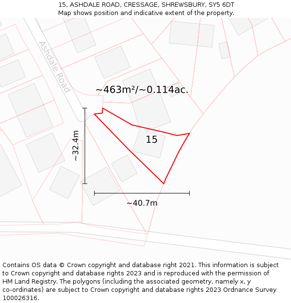 15, ASHDALE ROAD, CRESSAGE, SHREWSBURY, SY5 6DT: Plot and title map