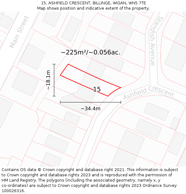15, ASHFIELD CRESCENT, BILLINGE, WIGAN, WN5 7TE: Plot and title map