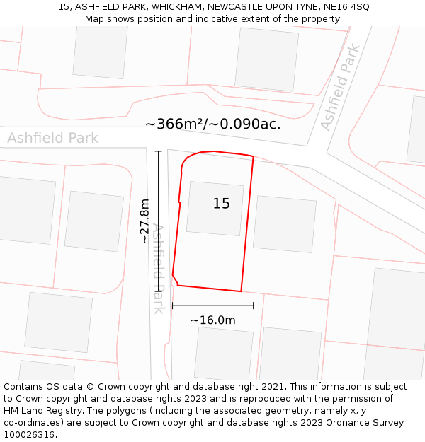 15, ASHFIELD PARK, WHICKHAM, NEWCASTLE UPON TYNE, NE16 4SQ: Plot and title map