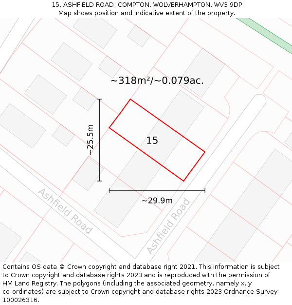 15, ASHFIELD ROAD, COMPTON, WOLVERHAMPTON, WV3 9DP: Plot and title map