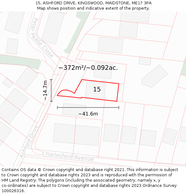 15, ASHFORD DRIVE, KINGSWOOD, MAIDSTONE, ME17 3PA: Plot and title map