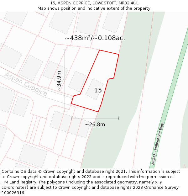 15, ASPEN COPPICE, LOWESTOFT, NR32 4UL: Plot and title map
